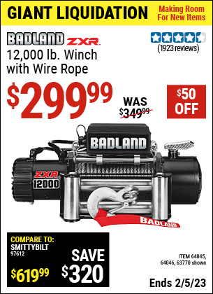 Buy the BADLAND 12000 Lbs. Off-Road Vehicle Electric Winch With Automatic Load-Holding Brake (Item 63770/64045/64046) for $299.99, valid through 2/5/2023.