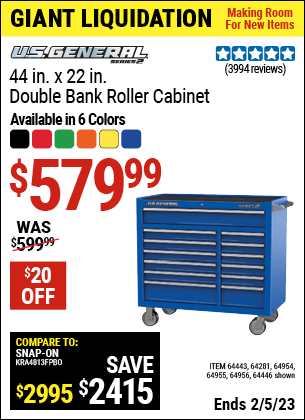 Buy the U.S. GENERAL SERIES 2 44 In. X 22 In. Double Bank Roller Cabinet (Item 64133/64133/64134/64443/64446/64954/64955/64956) for $579.99, valid through 2/5/2023.