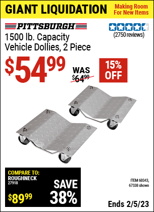 Buy the PITTSBURGH AUTOMOTIVE 1500 lb. Capacity Vehicle Dollies 2 Pc (Item 67338/60343) for $54.99, valid through 2/5/2023.