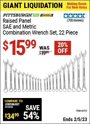 Buy the PITTSBURGH 22 Pc Raised Panel SAE & Metric Combination Wrench Set (Item 68729) for $15.99, valid through 2/5/2023.