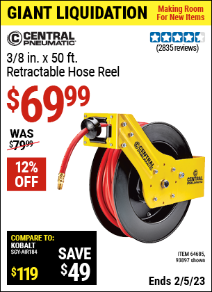 Buy the CENTRAL PNEUMATIC 3/8 In. X 50 Ft. Retractable Hose Reel (Item 93897/64685) for $69.99, valid through 2/5/2023.