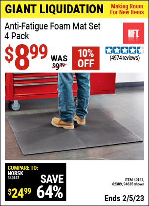 Buy the HFT Anti-Fatigue Foam Mat Set 4 Pc. (Item 94635/40187/62389) for $8.99, valid through 2/5/2023.