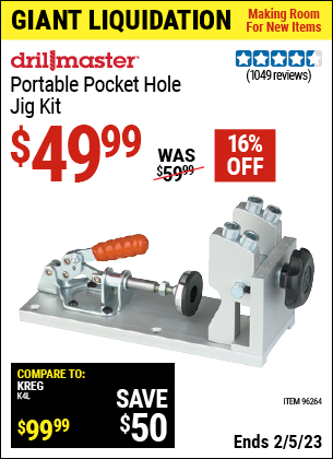 Buy the DRILL MASTER Portable Pocket Hole Jig Kit (Item 96264) for $49.99, valid through 2/5/2023.