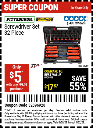 PITTSBURGH Screwdriver Set 32 Pc. for $5 With $49.99 Purchase – Harbor ...