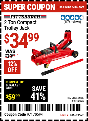 Buy the PITTSBURGH AUTOMOTIVE 2 ton Compact Trolley Jack (Item 64874/64873/64908) for $34.99, valid through 2/5/23.