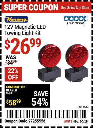 Buy the KENWAY 12V Magnetic LED Towing Light Kit (Item 64282) for $26.99, valid through 2/5/23.