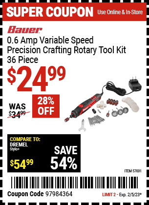 Buy the BAUER Variable Speed Precision Crafting Rotary Tool (Item 57001) for $24.99, valid through 2/5/23.