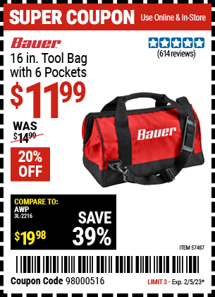 Buy the BAUER 16 In. Tool Bag With 6 Pockets (Item 57487) for $11.99, valid through 2/5/23.
