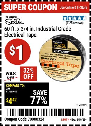 Buy the STIKTEK 3/4 in x 60 Ft Industrial Grade Electrical Tape (Item 63239) for $1, valid through 2/19/2023.