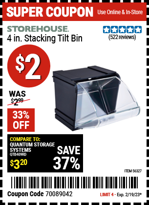 STOREHOUSE 4 in. Stacking Tilt Bin – Item 56327 – Harbor Freight Coupons