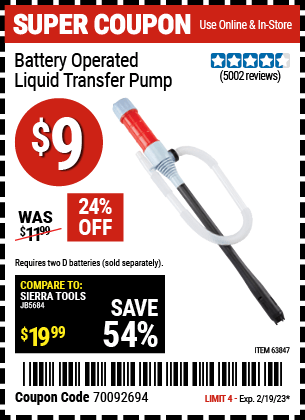 Buy the Battery Operated Liquid Transfer Pump (Item 63847) for $9, valid through 2/19/2023.