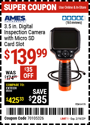 Buy the AMES Digital Video Inspection Camera (Item 64170) for $139.99, valid through 2/19/2023.