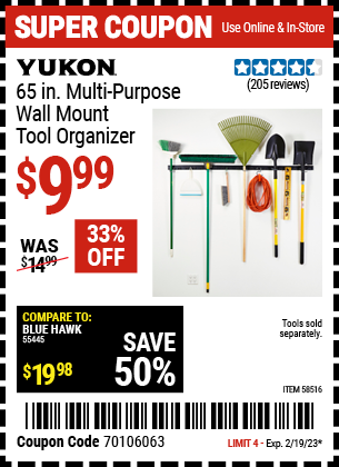 Buy the YUKON 65 in. Multi-Purpose Wall Mount Tool Organizer (Item 58516) for $9.99, valid through 2/19/2023.