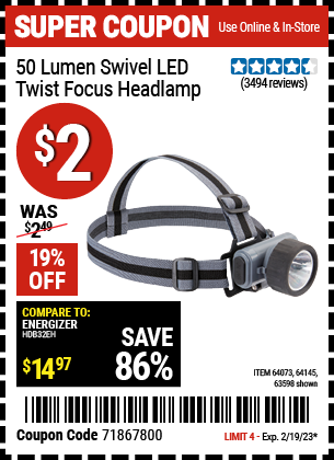 Buy the HFT Swivel Lens LED Headlamp, valid through 2/19/23.
