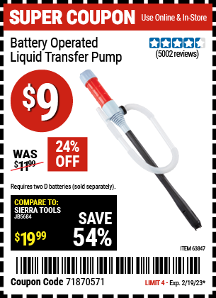 Buy the Battery Operated Liquid Transfer Pump, valid through 2/19/23.