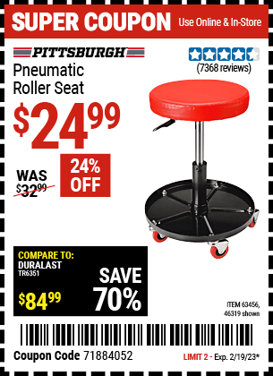Buy the PITTSBURGH AUTOMOTIVE Pneumatic Roller Seat, valid through 2/19/23.
