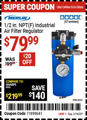 Buy the MERLIN 1/2 in. NPT(F) Industrial Air Filter Regulator, valid through 2/19/23.