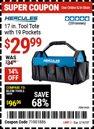 Buy the HERCULES 17 in. Tool Tote with 19 Pockets, valid through 2/19/23.