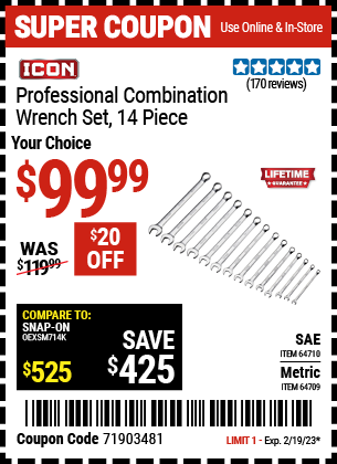 Buy the ICON 14 Pc SAE Professional Combination Wrench Set, valid through 2/19/23.