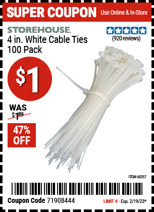 Buy the STOREHOUSE 4 in. White Cable Ties 100 Pk., valid through 2/19/23.