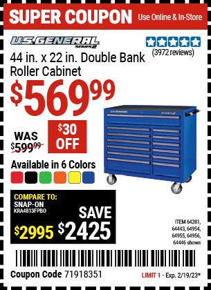 Buy the U.S. GENERAL SERIES 2 44 In. X 22 In. Double Bank Roller Cabinet, valid through 2/19/23.