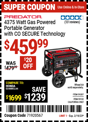 Buy the PREDATOR 4375 Watt Gas Powered Portable Generator with CO SECURE Technology, valid through 2/19/23.