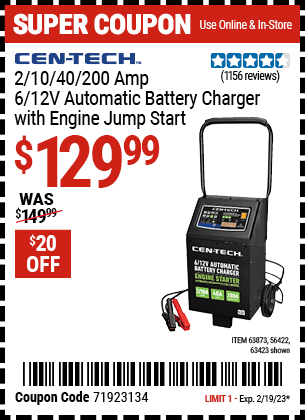 Buy the CEN-TECH 2/10/40/200 Amp 6/12V Automatic Battery Charger with Engine Jump Start, valid through 2/19/23.