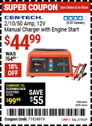 Buy the CEN-TECH 12V Manual Charger With Engine Start, valid through 2/19/23.