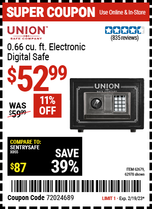 Buy the UNION SAFE COMPANY 0.71 cu. ft. Electronic Digital Safe, valid through 2/19/23.