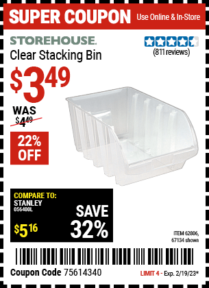 Buy the STOREHOUSE Clear Stacking Bin, valid through 2/19/23.