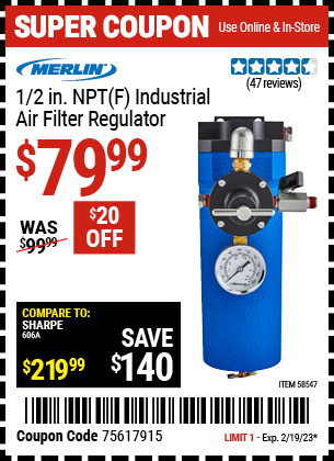 Buy the MERLIN 1/2 in. NPT(F) Industrial Air Filter Regulator, valid through 2/19/23.