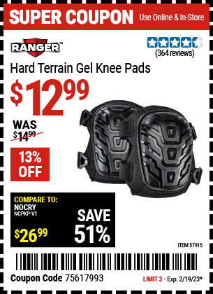 Buy the RANGER Hard Terrain Gel Knee Pads, valid through 2/19/23.