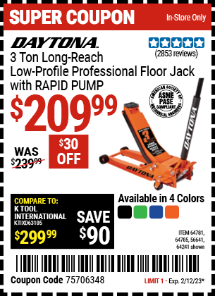 Buy the DAYTONA 3 Ton Long Reach Low Profile Professional Rapid Pump Floor Jack, valid through 2/12/23.