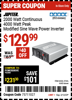Buy the JUPITER 2000 Watt Continuous/4000 Watt Peak Modified Sine Wave Power Inverter, valid through 2/12/23.