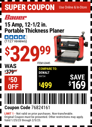 Buy the BAUER 15 Amp 12-1/2 in. Portable Thickness Planer (Item 63445) for $329.99, valid through 2/5/2023.