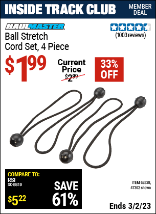 Inside Track Club members can buy the HAUL-MASTER Ball Stretch Cord Set 4 Pc. (Item 47302/62838) for $1.99, valid through 3/2/2023.