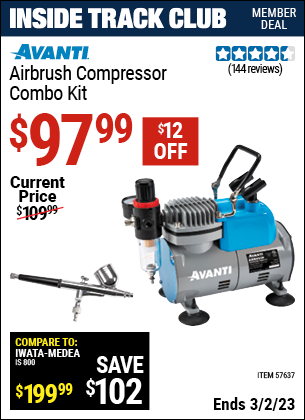 Inside Track Club members can buy the AVANTI Airbrush Compressor Combo Kit (Item 57637) for $97.99, valid through 3/2/2023.