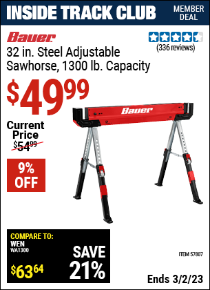 Inside Track Club members can buy the BAUER 1300 lb. Capacity Steel Sawhorse (Item 57807) for $49.99, valid through 3/2/2023.