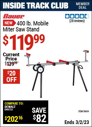 Inside Track Club members can buy the BAUER 400 lb. Mobile Miter Saw Stand (Item 58654) for $119.99, valid through 3/2/2023.