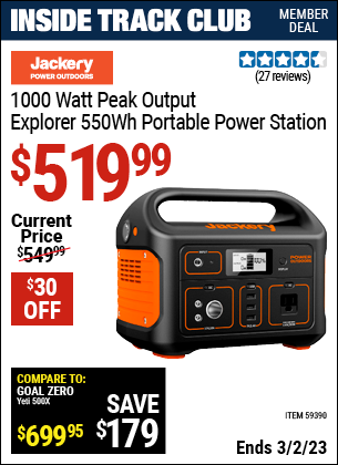 Inside Track Club members can buy the JACKERY 1000 Watt Peak Output Explorer 550Wh Portable Power Station (Item 59390) for $519.99, valid through 3/2/2023.