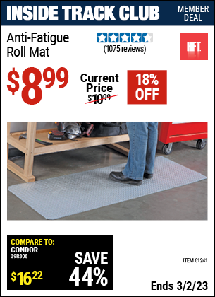 Inside Track Club members can buy the HFT Anti-Fatigue Roll Mat (Item 61241) for $8.99, valid through 3/2/2023.