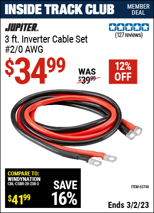 Inside Track Club members can buy the JUPITER 3 Ft. Inverter Cable Set (Item 63748) for $34.99, valid through 3/2/2023.