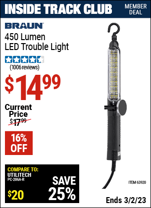 Inside Track Club members can buy the BRAUN 450 Lumen LED Trouble Light (Item 63920) for $14.99, valid through 3/2/2023.