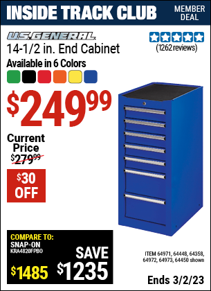 Inside Track Club members can buy the U.S. GENERAL 14.5 in. Blue End Cabinet (Item 64450/64358/64159/64448/64973/64972/64971) for $249.99, valid through 3/2/2023.