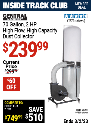 Inside Track Club members can buy the CENTRAL MACHINERY 70 gallon 2 HP Heavy Duty High Flow High Capacity Dust Collector (Item 97869/61790) for $239.99, valid through 3/2/2023.