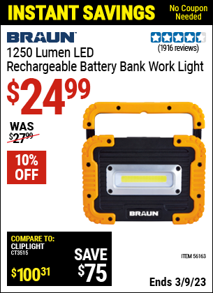 Buy the BRAUN 1250 Lumen Work Light Battery Bank (Item 56163) for $24.99, valid through 3/9/2023.