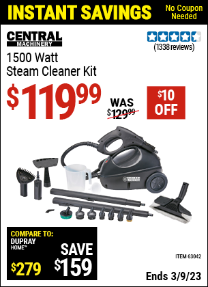 Buy the CENTRAL MACHINERY 1500 Watt Steam Cleaner Kit (Item 63042) for $119.99, valid through 3/9/2023.