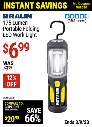 Buy the BRAUN Portable Folding LED Work Light (Item 63930) for $6.99, valid through 3/9/2023.