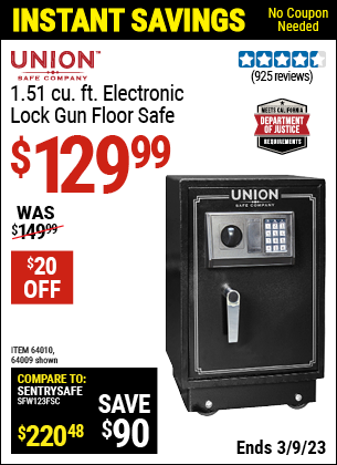 Buy the UNION SAFE COMPANY 1.51 cu. ft. Electronic Lock Gun Floor Safe (Item 64009/64010) for $129.99, valid through 3/9/2023.