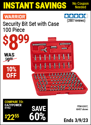 Buy the WARRIOR Security Bit Set with Case 100 Pc. (Item 68457/62657) for $8.99, valid through 3/9/2023.